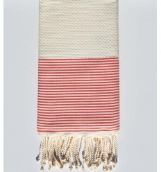 Fouta nid d'abeille blanc crème rayée rouge capucine Fouta Tunisia - 1