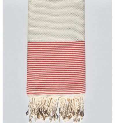 Fouta nid d'abeille blanc crème rayée rouge capucine