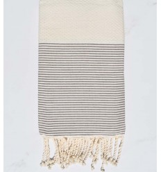Fouta nid d'abeille blanc crème rayée taupe  - 1