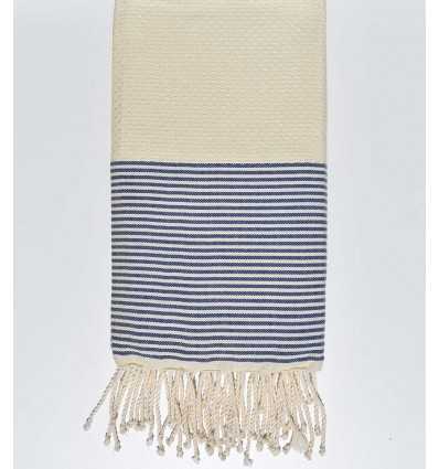 Fouta nid d'abeille écru avec rayures bleu foncé