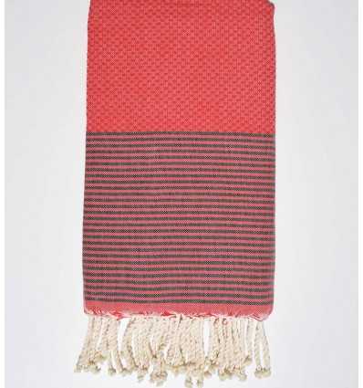 Fouta nid d'abeille rouge rayée gris anthracite