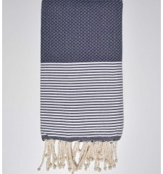 Fouta nid d'abeille bleu marine avec rayures  - 1