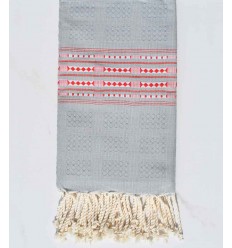 Fouta thalasso bleu gris avec  motifs rouge Fouta Tunisia - 1