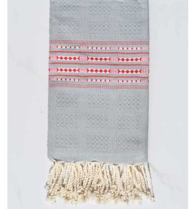 Fouta thalasso bleu gris avec  motifs rouge