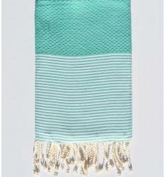 Fouta nid d'abeille vert menthe rayée blanc Fouta Tunisia - 1