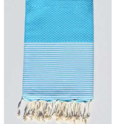 FOUTA NID D'ABEILLE bleu céruléen rayée blanc