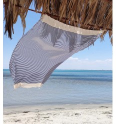 FOUTA nid d'abeille beige clair rayée 1 cm rayure bleu  - 1