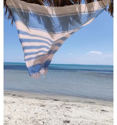 serviette de plage RAF-RAF  bleu bleuet et rose pastel pâle Fouta Tunisia - 3