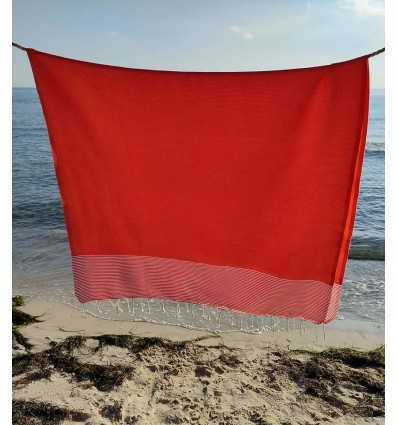 FOUTA NID D'ABEILLE rouge groseille rayée blanc Fouta Tunisia - 3