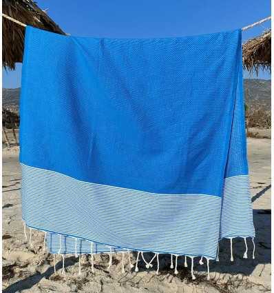 FOUTA NID D'ABEILLE Bleu électrique rayée blanc Fouta Tunisia - 3
