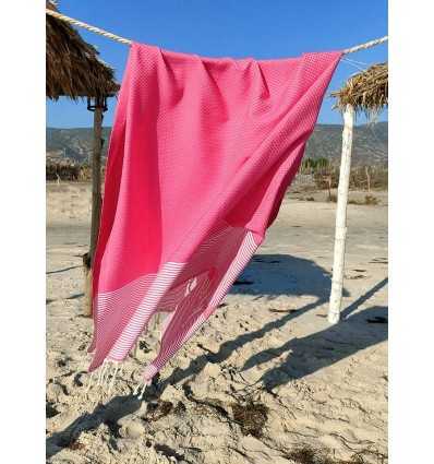 FOUTA NID D'ABEILLE Rose fraise rayée blanc Fouta Tunisia - 3