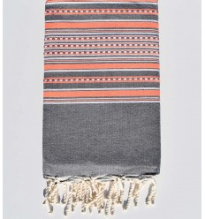 Fouta arabesque gris avec rayures orange fluo Fouta Tunisia - 1