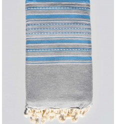 Jeté arabesque gris clair avec rayures bleu Fouta Tunisia - 1