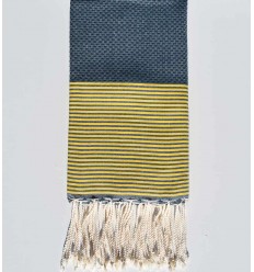 Fouta nid d'abeille bleu minéral rayée jaune Fouta Tunisia - 1