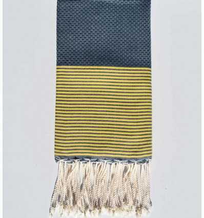 Fouta nid d'abeille bleu minéral rayée jaune