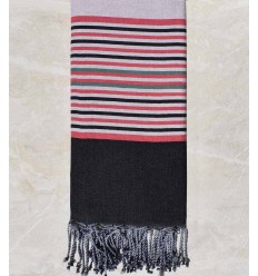 Jeté rose bébé avec rayures noir, vert et incarnat Fouta Tunisia - 1