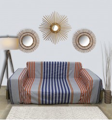 Jeté gris avec rayures bleu, vert kaki et orange  - 1