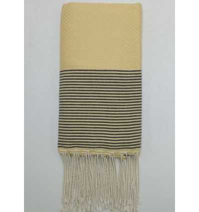 Fouta nid d'abeille jaune pâle rayée anthracite