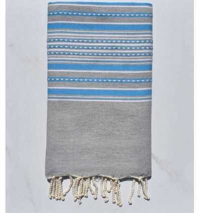 Fouta arabesque gris clair avec rayures bleu