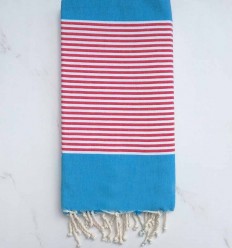 Fouta plate bleu azur rayée rouge et blanc  - 1