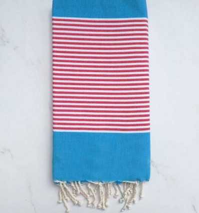 Fouta plate bleu azur rayée rouge et blanc