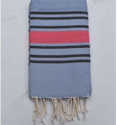 Fouta bleu charron rayée rose et noir Fouta Tunisia - 1