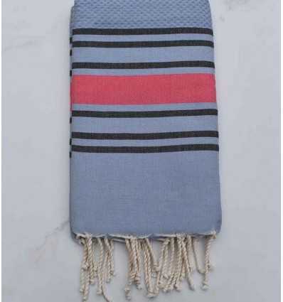 Fouta bleu charron rayée rose et noir