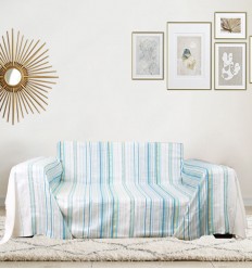 Jeté fadhila blanc crème clair, vert clair et canard avec lurex Fouta Tunisia - 1