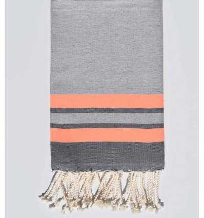 Fouta plate gris clair, corail fluo et gris