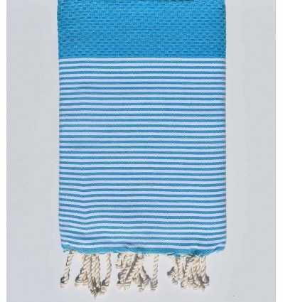 Fouta nid d'abeille bleu azur rayée blanc