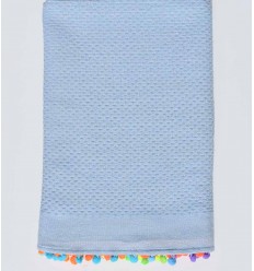 Fouta en nid d'abeille unie bleu clair avec pompons Fouta Tunisia - 1