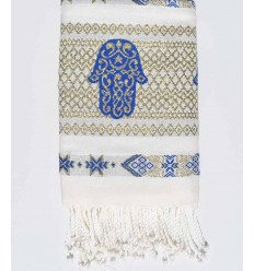 Fouta khomsa blanc crème et bleu Fouta Tunisia - 1
