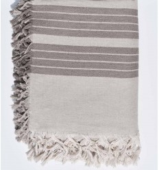 Jeté de canapé 4 franges grège avec rayures taupe 2.2m*2.8m Fouta Tunisia - 1