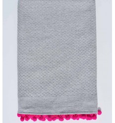 Fouta gris en nid d'abeille unie avec pompons rose Fouta Tunisia - 1