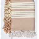 Jeté 4 franges blanc crème et grège avec rayures Fouta Tunisia - 1