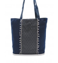 Sac Saint Tropez bleu jean avec motifs bleu nuit et pompons rose bébé Fouta Tunisia - 1