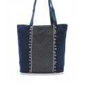 Sac Saint Tropez bleu jean avec motifs bleu nuit et pompons rose bébé Fouta Tunisia - 1