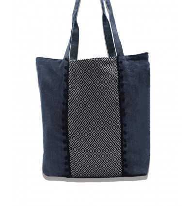 Sac Saint Tropez bleu jean avec motifs bleu nuit et pompons