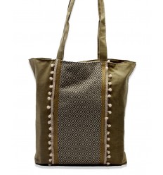 Sac Saint Tropez beige avec des motifs en chevron couleur taupe et pompons rose bébé Fouta Tunisia - 1