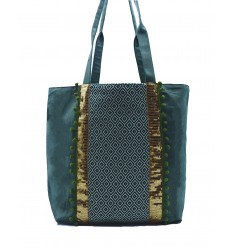 Sac Saint Tropez vert avec motifs en chevron et paillette doré et pompons Fouta Tunisia - 1