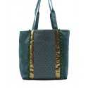 Sac Saint Tropez vert avec motifs en chevron et paillette doré et pompons Fouta Tunisia - 1