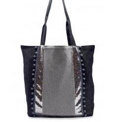 Sac Saint Tropez gris avec paillettes argenté Fouta Tunisia - 1