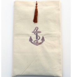 Pochette beige clair brodée motif ancre avec pompon rouille Fouta Tunisia - 1