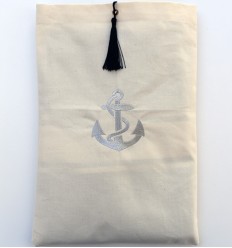 Pochette beige clair brodée motif ancre argent avec pompon Fouta Tunisia - 1