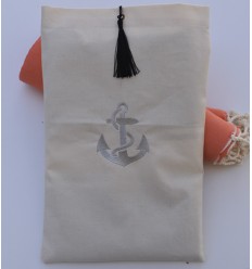 Pochette beige clair brodée motif ancre argent avec pompon Fouta Tunisia - 1 2