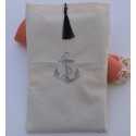 Pochette beige clair brodée motif ancre argent avec pompon Fouta Tunisia - 2