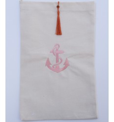 Pochette beige clair brodée motif ancre avec pompon orange Fouta Tunisia - 1