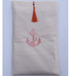 Pochette beige clair brodée motif ancre avec pompon orange Fouta Tunisia - 1 2