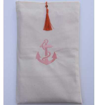 Pochette beige clair brodée motif ancre avec pompon orange Fouta Tunisia - 2
