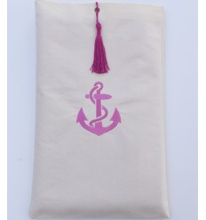Pochette beige clair brodée motif ancre rose avec pompon Fouta Tunisia - 1